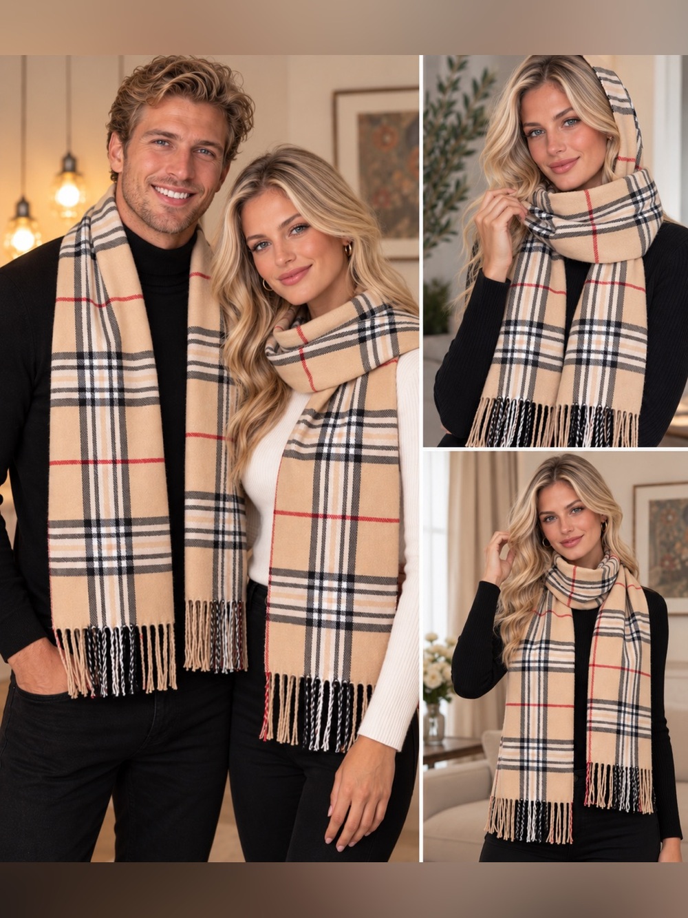 NEW! (1) Classic Novacheck Beige Plaid Scarf
